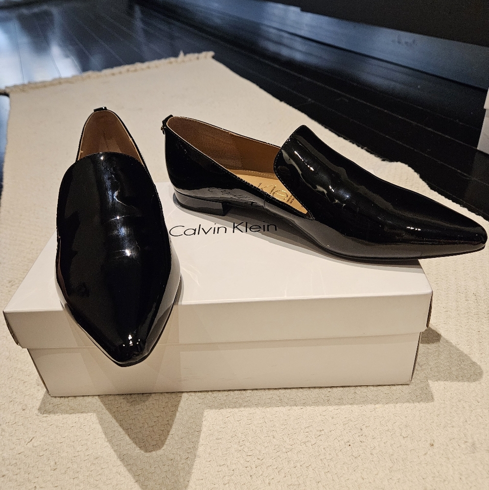 Calvin Klein Glossy Black Elin Patent Pointed Toe Flat Tuxedo Loafers